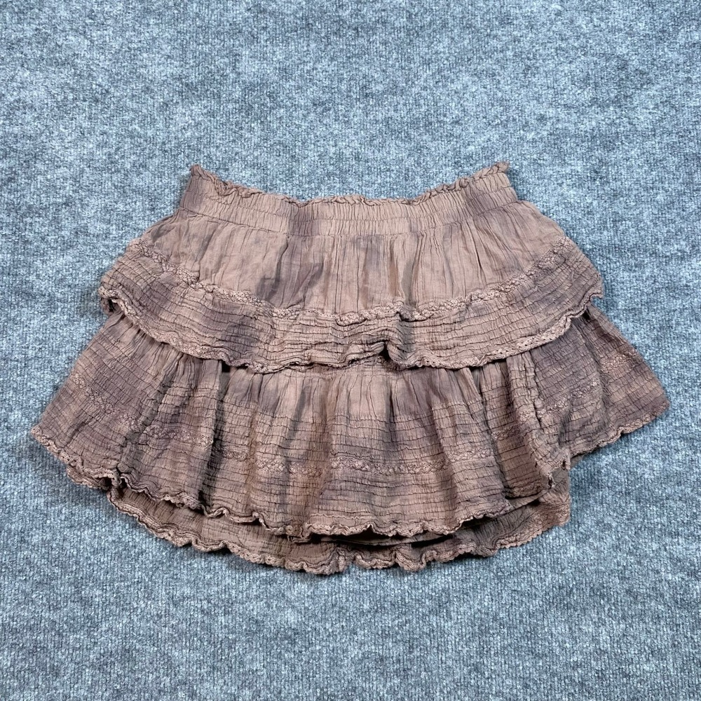 Aerie Brown Tiered Ruffle Mini Skirt Lace Trim Smocked Waist Large